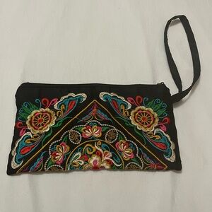 Embroidered Black Wristlet Bag